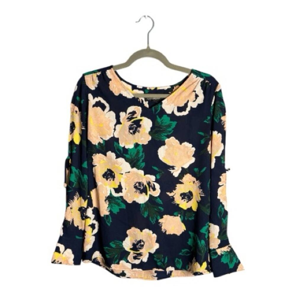 Banana Republic Navy Blue Pink Floral Slit Sleeve Blouse XS
